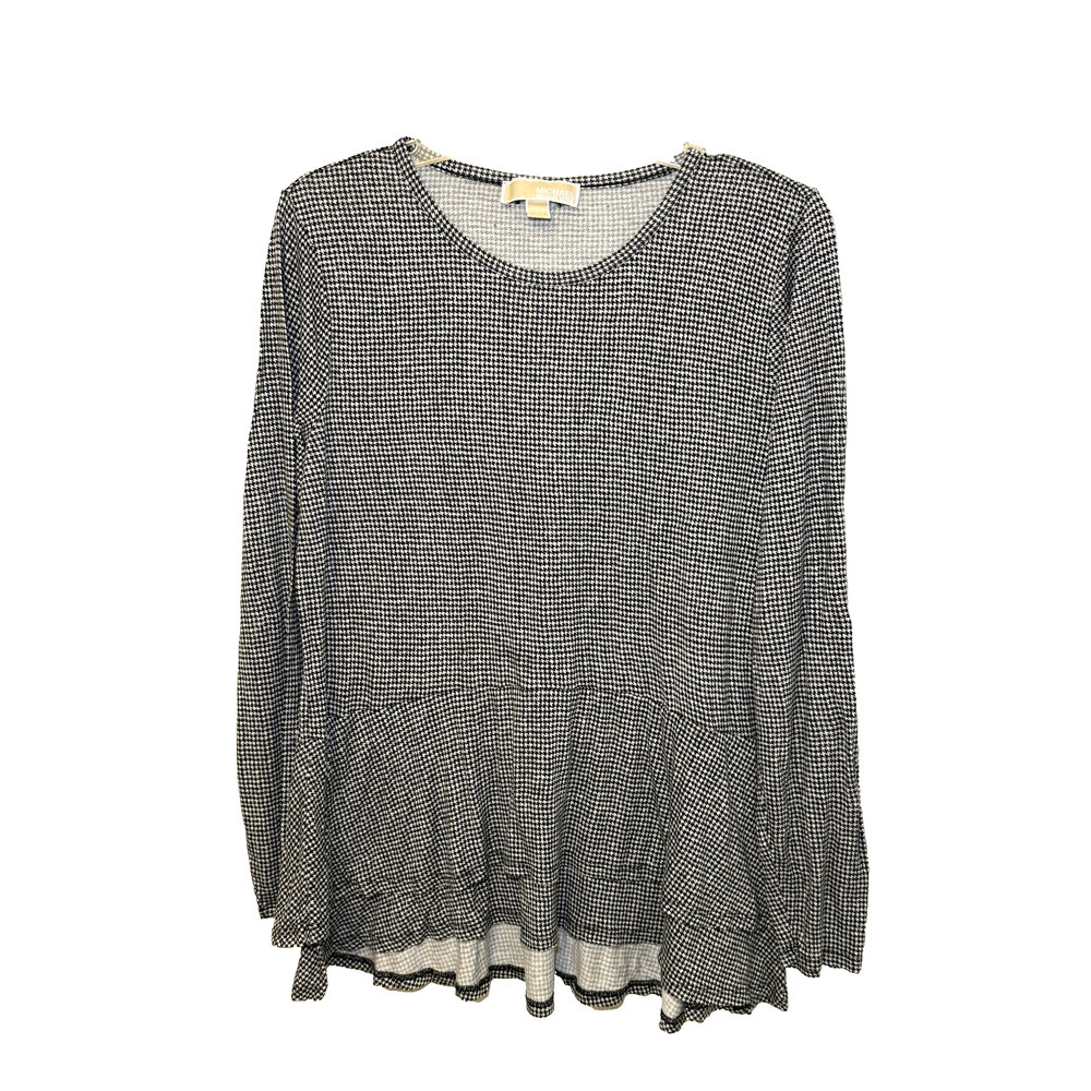Michael Kors Peplum Top Womens Large‎ Black White Houndstooth Check Long Sleeve